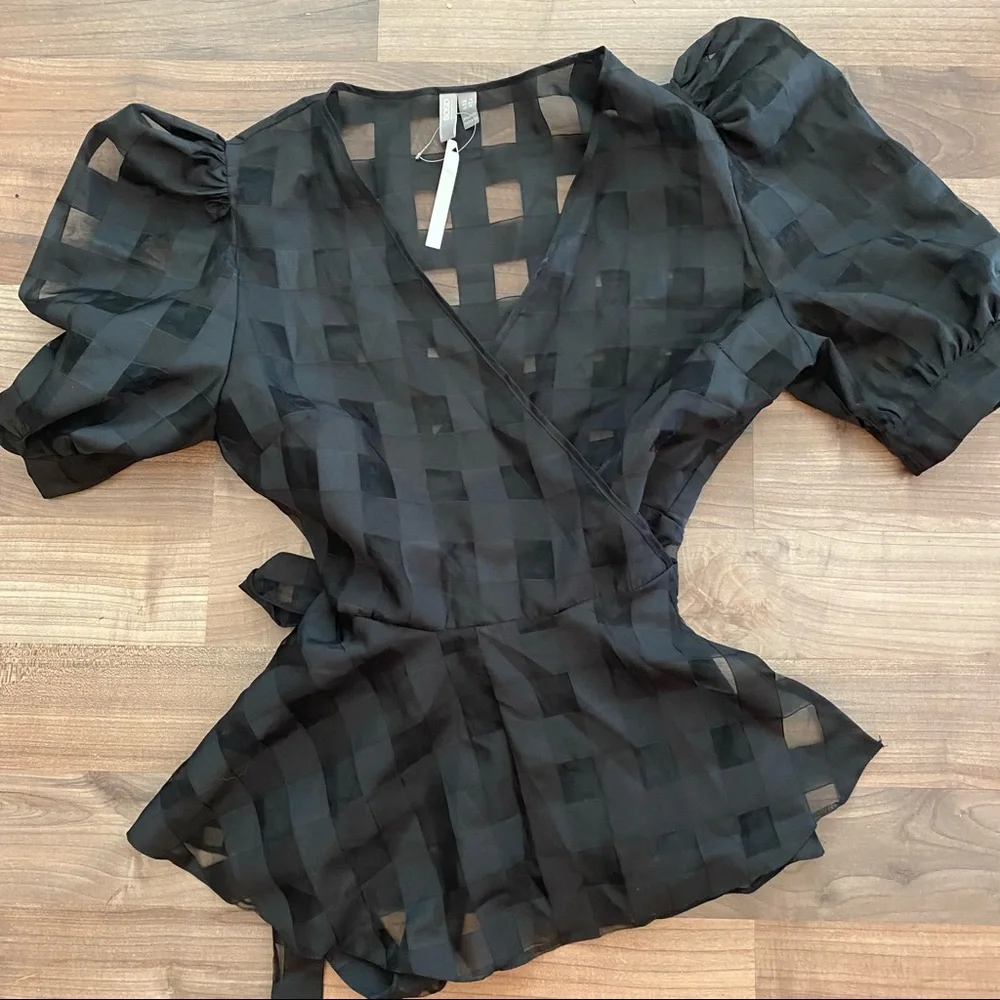 ASOS Black Sheer Puff Sleeve Blouse - Picture 3 of 7